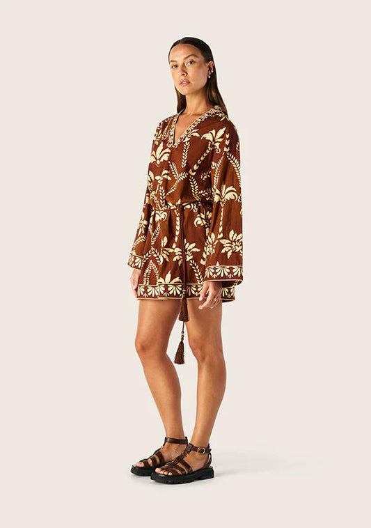 Image of a model wearing Dress. Productname: Deia Print Mini Dress in Deia Print colour by brand - MOS The Label