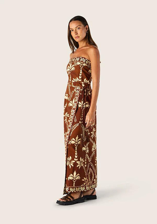 Image of a model wearing Dress. Productname: Deia Print Strapless Dress in Deia Print colour by brand - MOS The Label