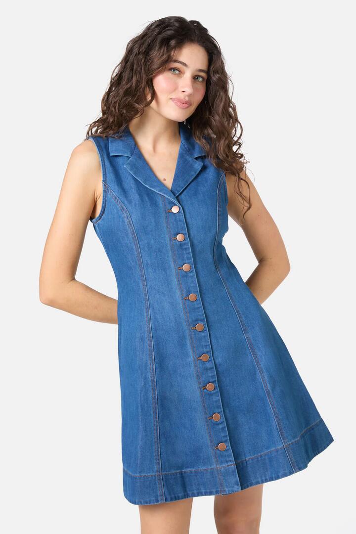 Image of a model wearing Denim. Productname: Carrie Denim Pinny in Blue Denim colour by brand - Princess Highway