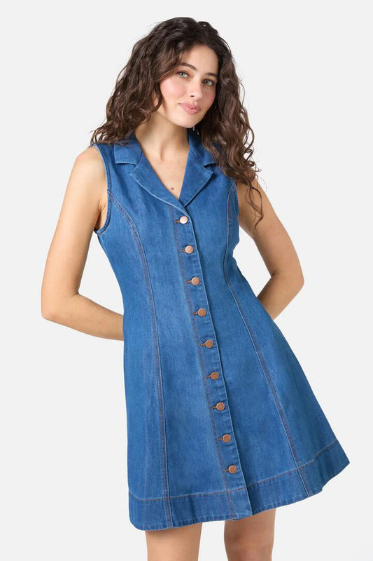 Image of a model wearing Denim. Productname: Carrie Denim Pinny in Blue Denim colour by brand - Princess Highway