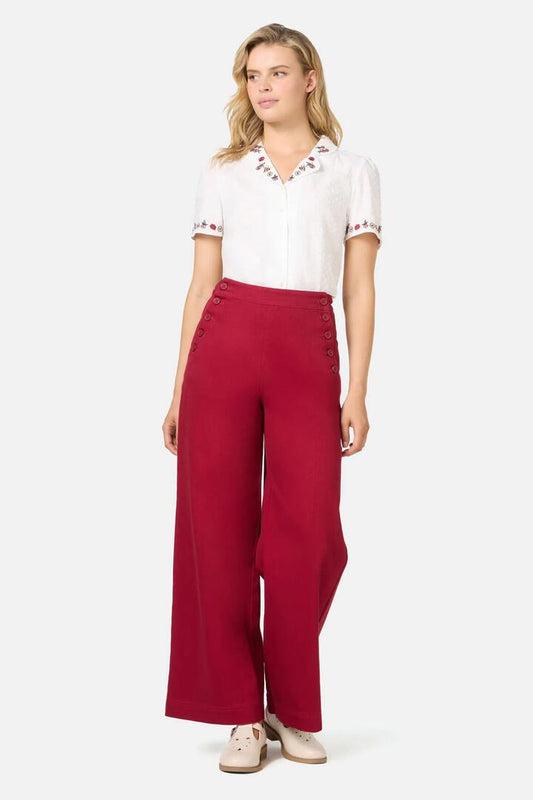 Image of a model wearing Denim. Productname: Susan Sailor Drill Jean in Red colour by brand - Princess Highway