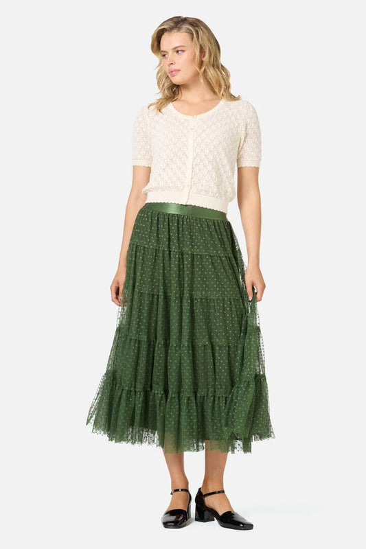 Image of a model wearing Skirts. Productname: Avery Tulle Midi Skirt in Cream colour by brand - Princess Highway