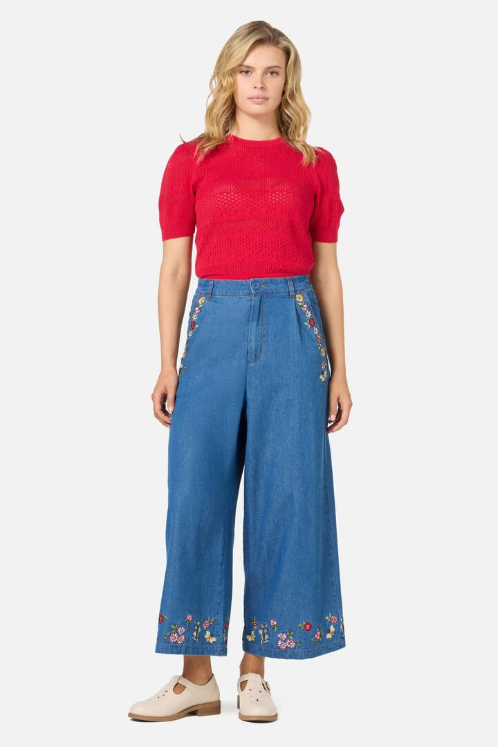 Image of a model wearing Pants. Productname: Libby Bee Denim Culotte in Blue Denim colour by brand - Princess Highway