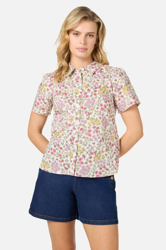 Image of a model wearing Tops. Productname: Libby Bee Ditsy Shirt in Cream colour by brand - Princess Highway