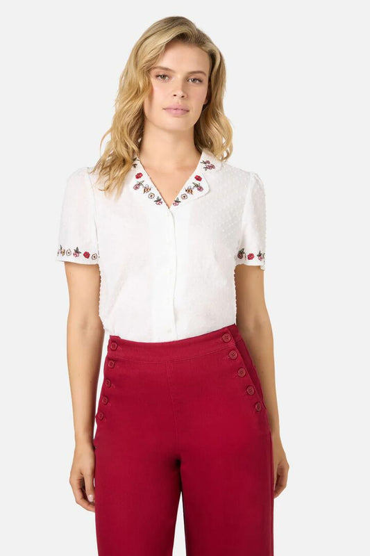Image of a model wearing Tops. Productname: Libby Bee Embroidered Blouse in Cream colour by brand - Princess Highway