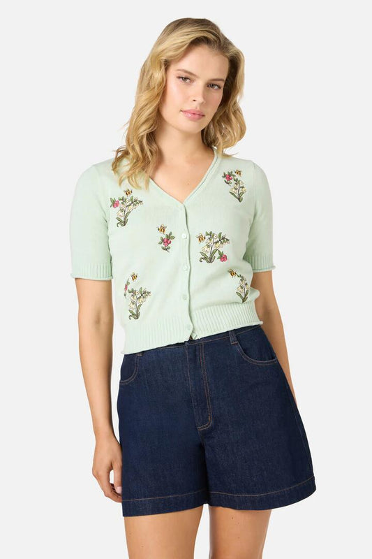 Image of a model wearing Outerwear. Productname: Libby Bee Embroidered Cardigan in Mint colour by brand - Princess Highway