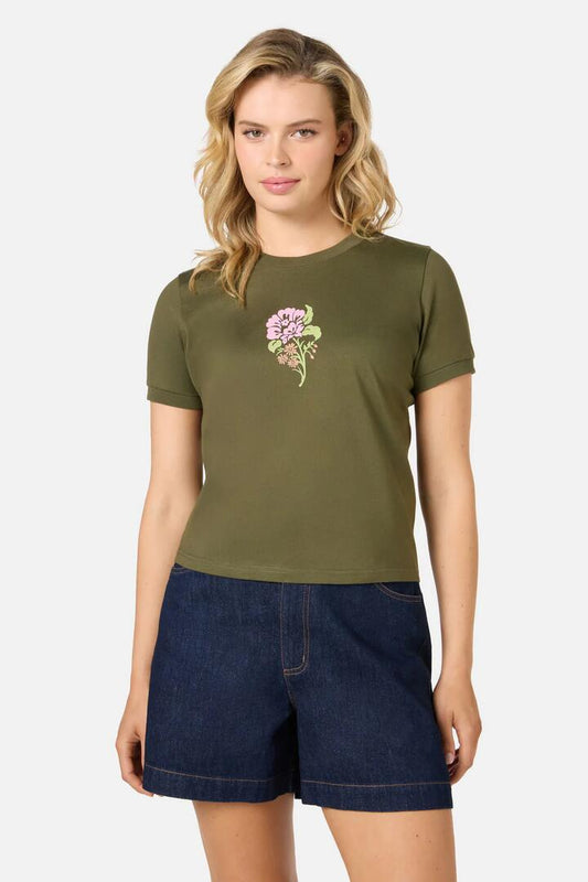 Image of a model wearing Tops. Productname: Astrid Rose Tee in Olive colour by brand - Princess Highway