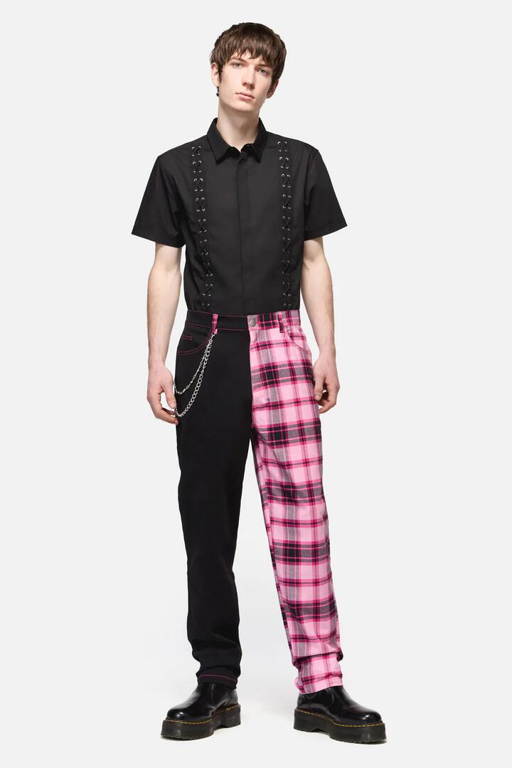 Image of a model wearing Pants. Productname: Rococo Life Contrast Tartan Pant in Black/Pink colour by brand - Dangerfield