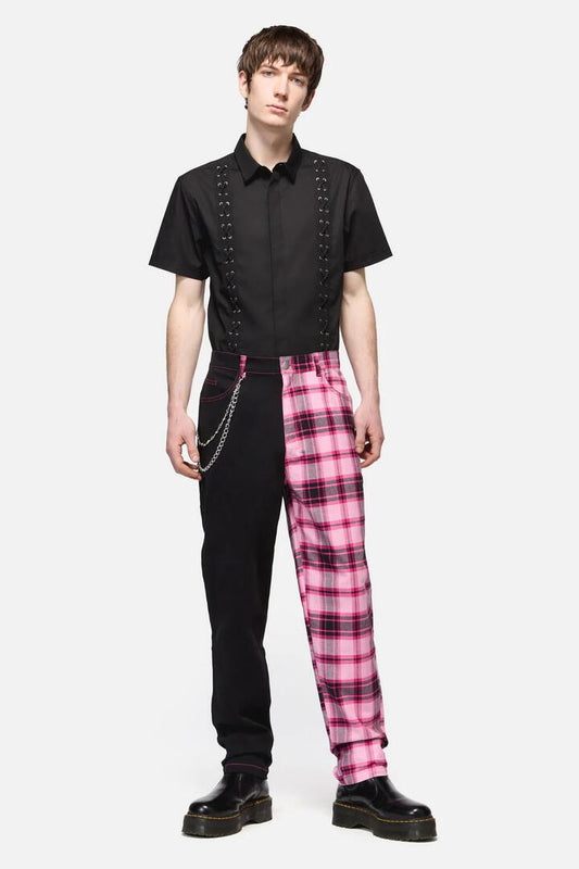 Image of a model wearing Pants. Productname: Rococo Life Contrast Tartan Pant in Black/Pink colour by brand - Dangerfield