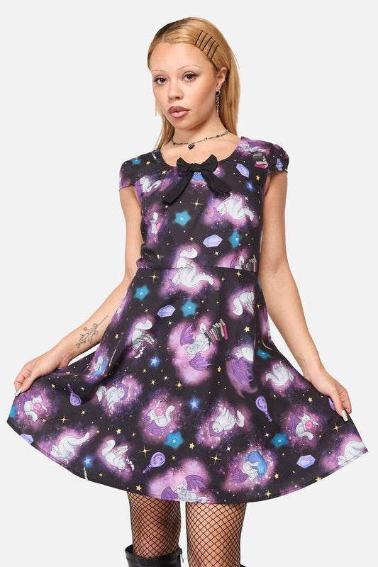 Image of a model wearing Dress. Productname: Witches Familiar Short Sleeve Dress in Black colour by brand - Black Friday