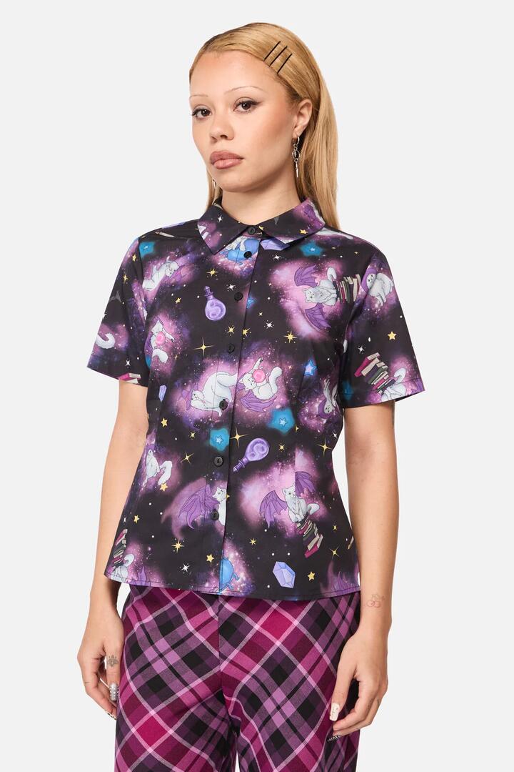 Image of a model wearing Tops. Productname: Witches Familiar Short Sleeve Blouse in Black colour by brand - Black Friday