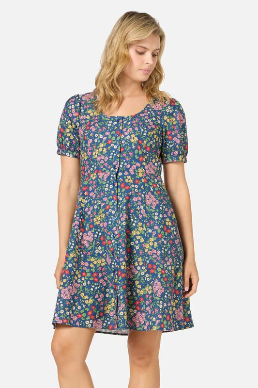 Image of a model wearing Dress. Productname: Libby Bee Ditsy Mini Dress in Blue colour by brand - Princess Highway