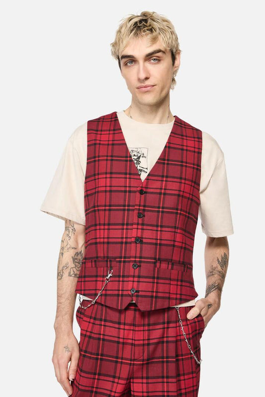 Image of a model wearing Tops. Productname: Over It Tartan Vest in Red colour by brand - Dangerfield