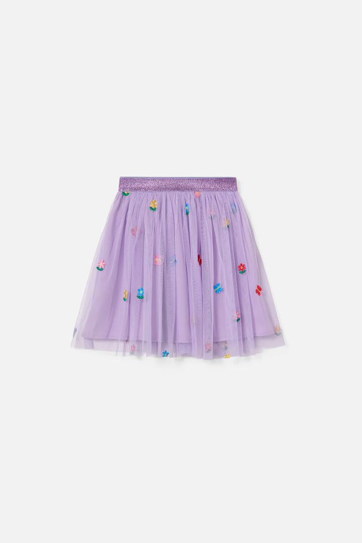 Image of a model wearing Skirts. Productname: Pretty Emb Kids Mesh Skirt in Lilac colour by brand - Princess Highway Kids