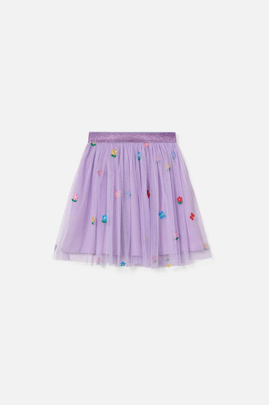 Image of a model wearing Skirts. Productname: Pretty Emb Kids Mesh Skirt in Lilac colour by brand - Princess Highway Kids