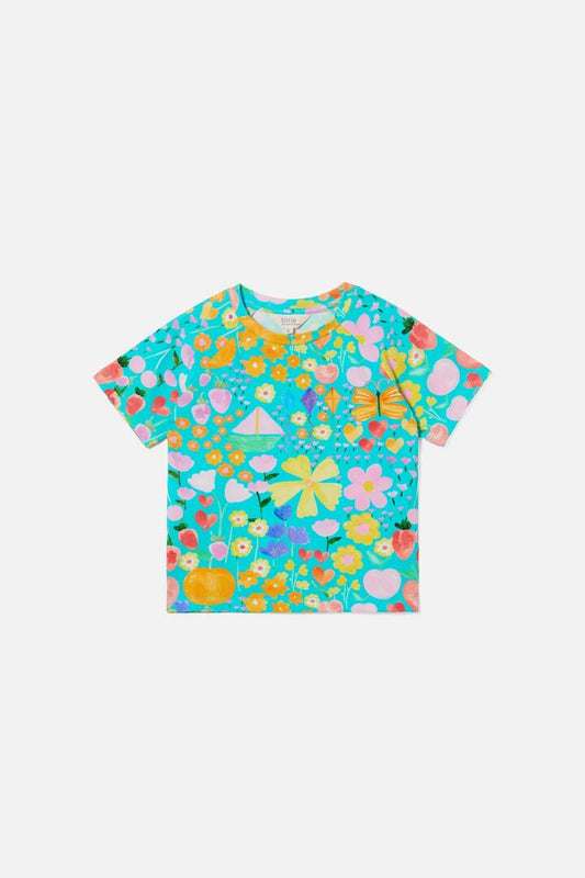 Image of a model wearing Tops. Product name - Pretty Things Kids Short Sleeve Tee in Green colour by brand - Princess Highway Kids