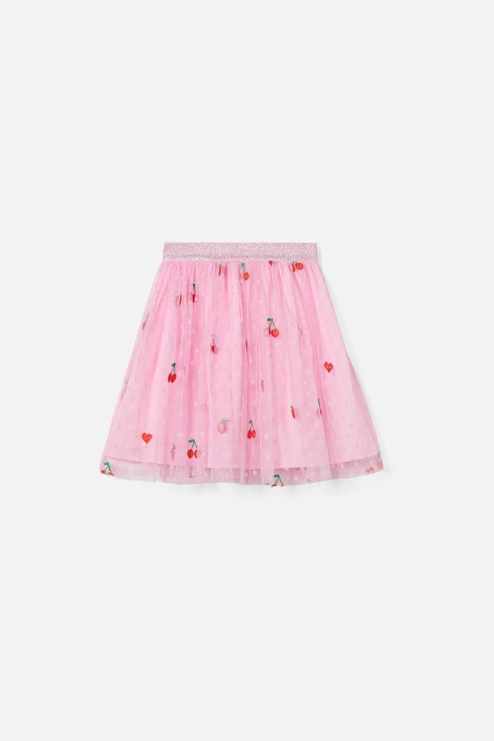 Image of a model wearing Skirts. Productname: Cherry Emb Kids Skirt in Pink colour by brand - Princess Highway Kids