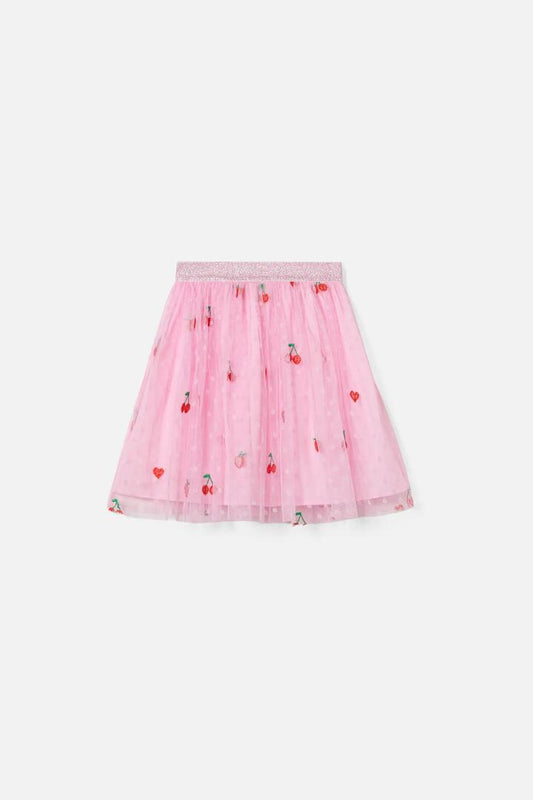 Image of a model wearing Skirts. Productname: Cherry Emb Kids Skirt in Pink colour by brand - Princess Highway Kids