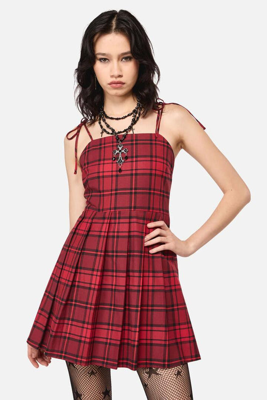 Image of a model wearing Dress. Productname: Over It Tartan Dress in Red colour by brand - Dangerfield