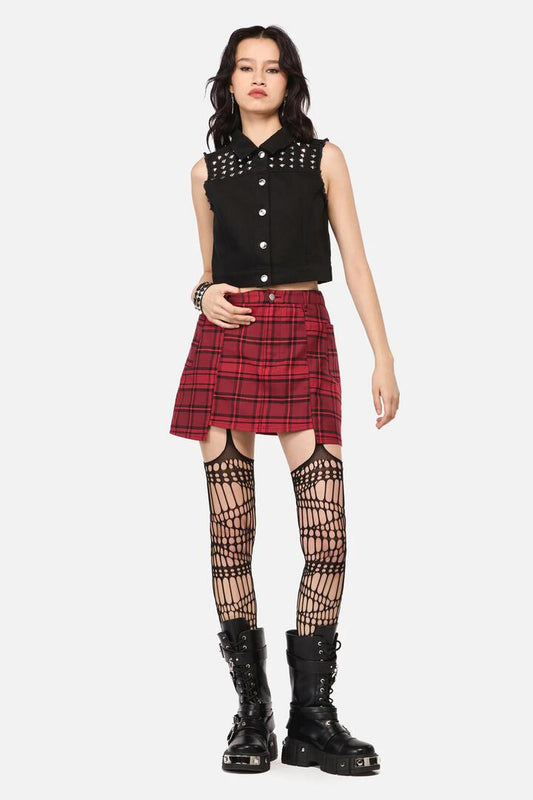 Image of a model wearing Skirts. Productname: Over It Tartan Mini Skirt in Red colour by brand - Dangerfield