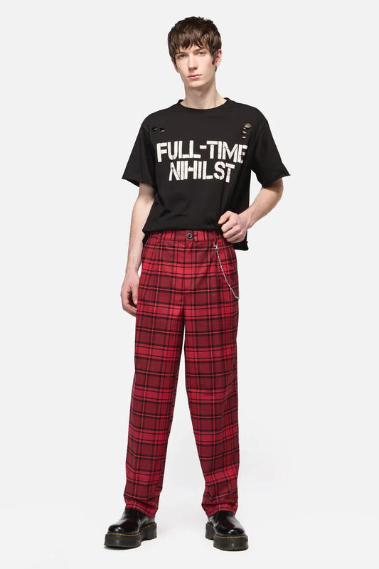 Image of a model wearing Pants. Productname: Over It Tartan Slim Fit Pants in Red colour by brand - Dangerfield