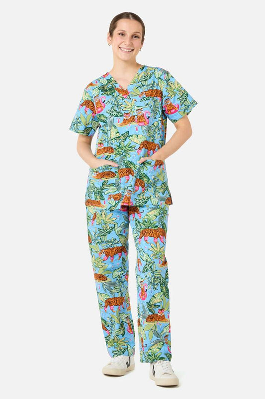 Image of a model wearing Uniforms & Workwear. Productname: Tiger Pool Scrub Set in Blue colour by brand - Scrubs With Love