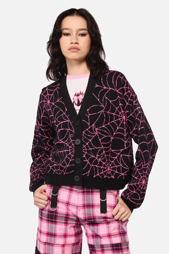 Image of a model wearing Outerwear. Productname: Rococo Life Spider Web Cardigan in Black colour by brand - Dangerfield