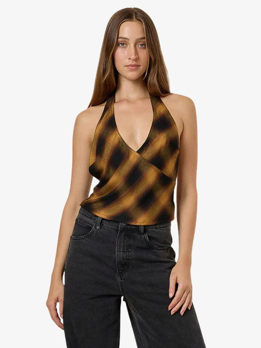 Image of a model wearing Tops. Productname: Thrills Lost Signal Halter Top in BRONZE colour by brand - Thrills