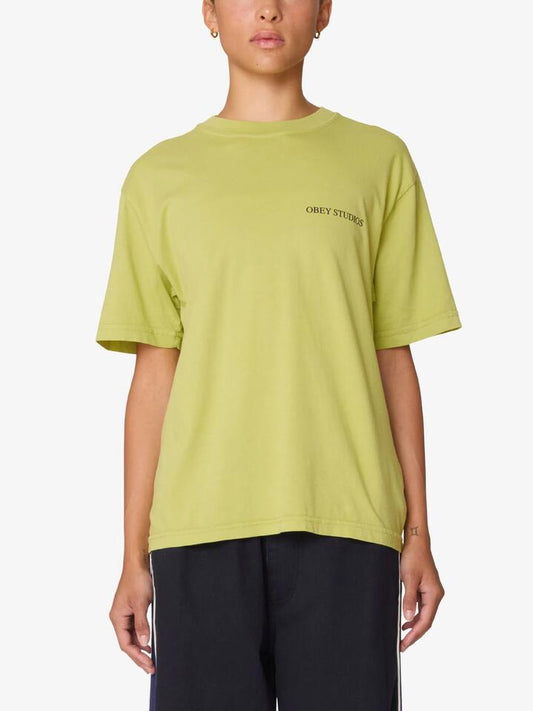 Image of a model wearing Tops. Productname: Obey Mix Type City Roll Call Tee in Sweet Pea colour by brand - Obey