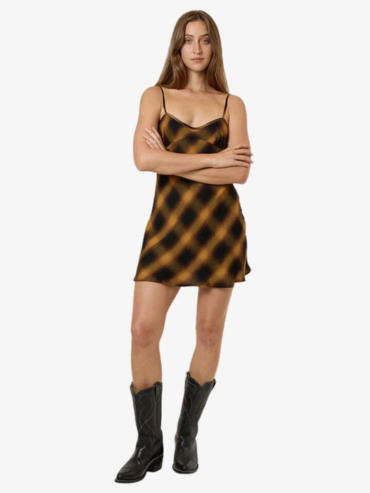 Image of a model wearing Dress. Productname: Thrills Lost Signal Mini Dress in BRONZE colour by brand - Thrills