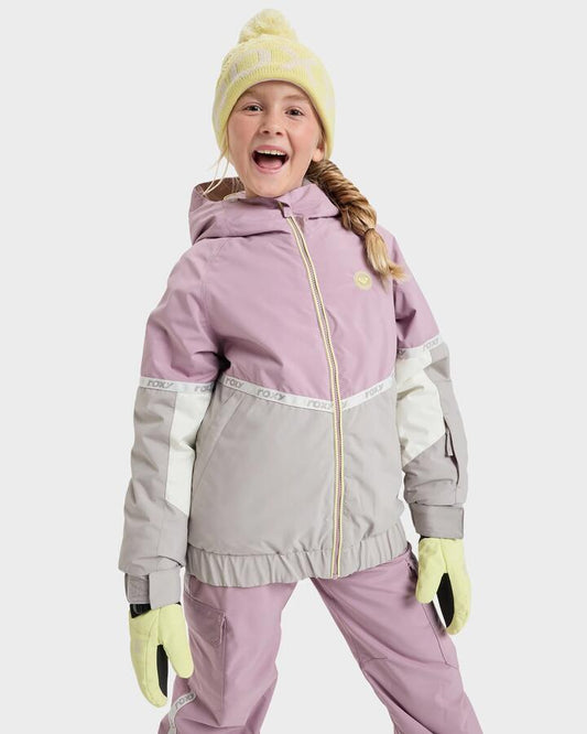 Image of a model wearing Outerwear. Productname: Roxy Girls 8-16 Hekla Ice Snow Jacket Discreet Mauve - in Discreet Mauve colour by brand - Roxy