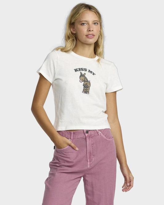 Image of a model wearing Tops. Productname: RVCA Womens 411 T-Shirt Vintage White - in Vintage White colour by brand - RVCA