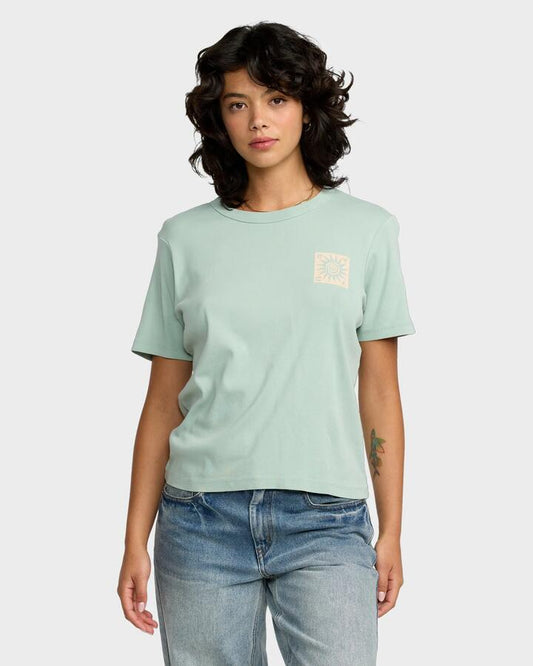 Image of a model wearing Tops. Productname: RVCA Womens Daily T-Shirt Mist Blue - in Mist Blue colour by brand - RVCA