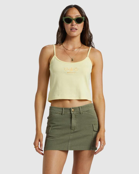 Image of a model wearing Skirts. Productname: Billabong Womens Hilary Cargo Denim Mini Skirt Canteen - in Canteen colour by brand - Billabong
