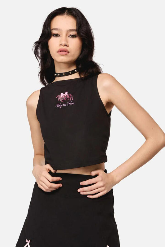 Image of a model wearing Tops. Productname: Tiny But Deadly Tank Top in Black colour by brand - Dangerfield