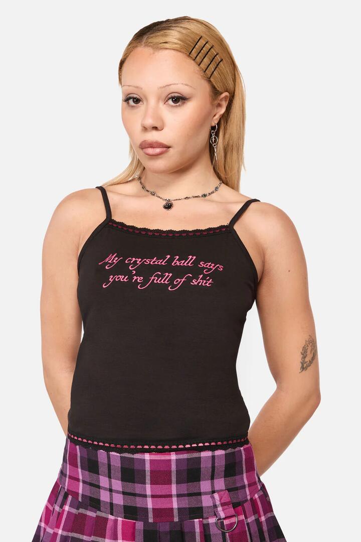 Image of a model wearing Tops. Productname: Predictions Embroidered Tank in Black colour by brand - Black Friday