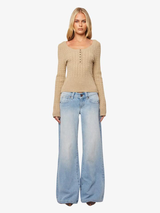 Image of a model wearing Denim. Productname: Abrand 00 Wide Kaia Worn in Kaiaworn colour by brand - Abrand