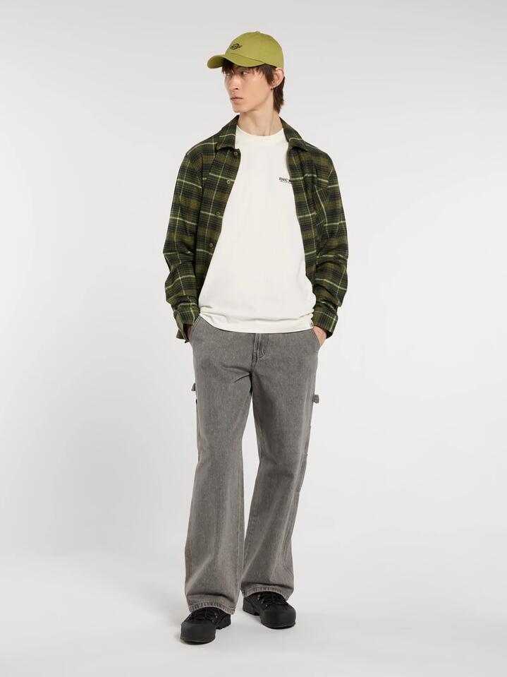 Image of a model wearing Tops. Productname: Dickies Builder Tee Ss Move On in Egret colour by brand - Dickies