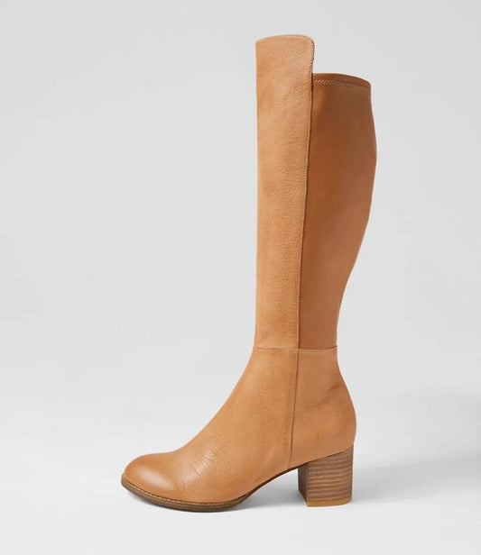 Image of Boots. Productname: Settin Dark Tan Leather Stretch Knee High Boots in DK TAN colour by brand - MIDAS