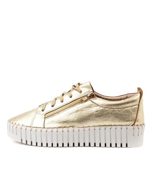 Image of Sneakers. Productname: Braelyn Pale Gold Leather Sneakers in PALE GOLD-WHITE SOLE colour by brand - MIDAS
