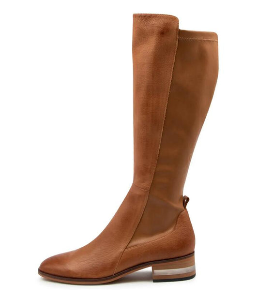 Image of Boots. Productname: Fox Dark Tan Leather Stretch Knee High Boots in DK TAN-DK TAN colour by brand - MIDAS