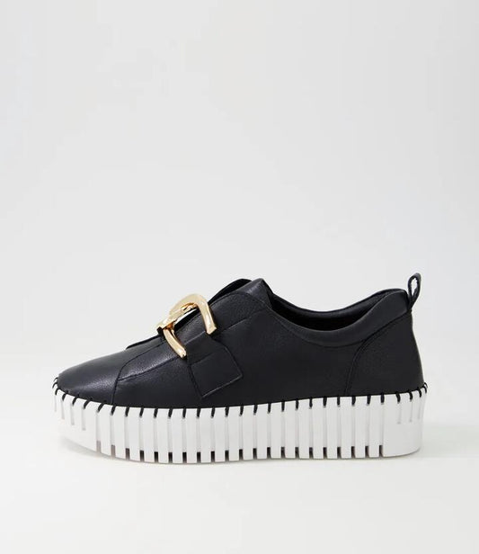 Image of Sneakers. Productname: Buckles Black Leather Sneakers Ws in BLACK-WHITE SOLE colour by brand - MIDAS