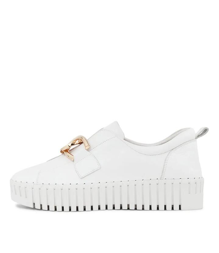 Image of Sneakers. Productname: Buckles White White Sole Leather Sneakers in WHITE-WHITE SOLE colour by brand - MIDAS