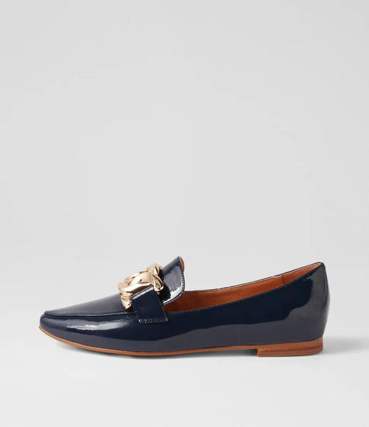 Image of Flats. Productname: Symona Navy Patent Leather Loafers in NAVY colour by brand - MIDAS