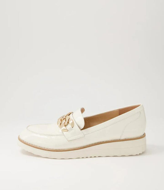 Image of Flats. Productname: Osie Ivory Patent Leather Loafers in IVORY-IVORY SOLE colour by brand - MIDAS