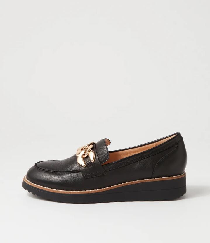 Image of Flats. Productname: Osie Black Leather Loafers in BLACK-BLACK SOLE colour by brand - MIDAS