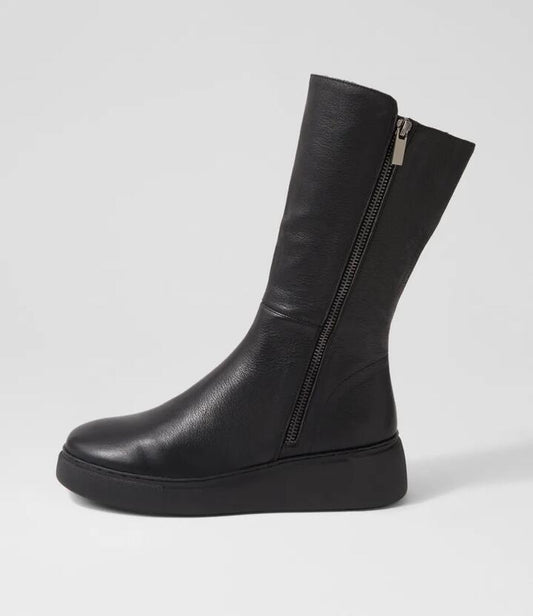 Image of Boots. Productname: Yoghie Black Leather Calf Boots in BLACK-BLACK SOLE colour by brand - MIDAS