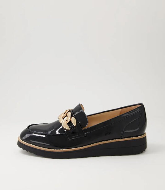 Image of Flats. Productname: Osie Black Patent Leather Loafers in BLACK-BLACK SOLE colour by brand - MIDAS