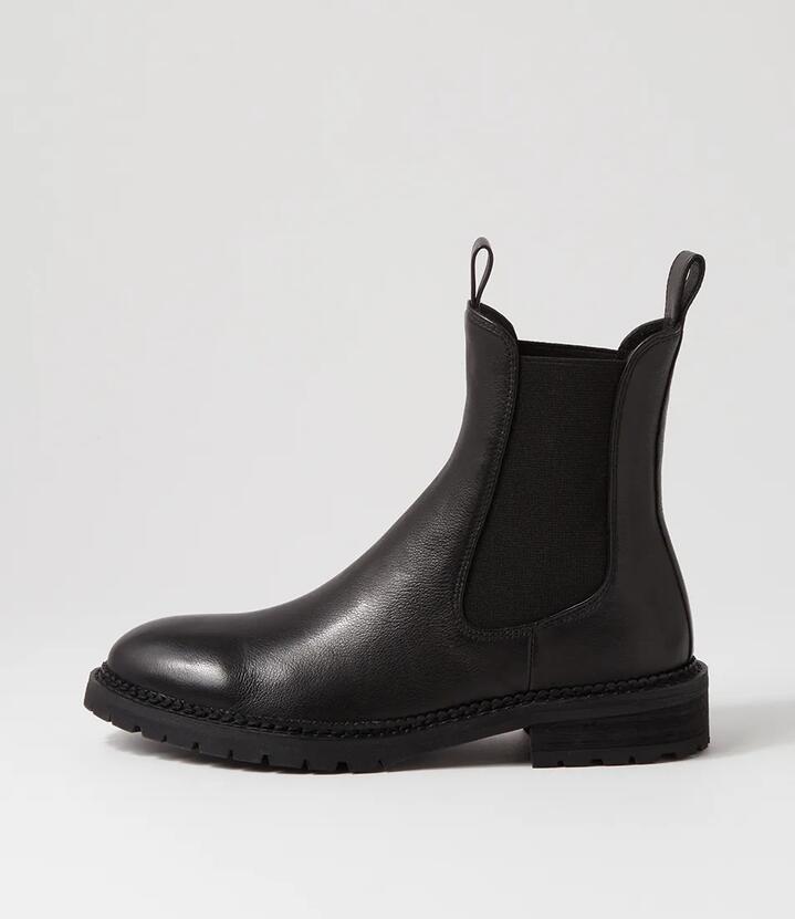 Image of Boots. Productname: Rokkie Black Leather Chelsea Boots in BLACK-BLACK SOLE colour by brand - MIDAS
