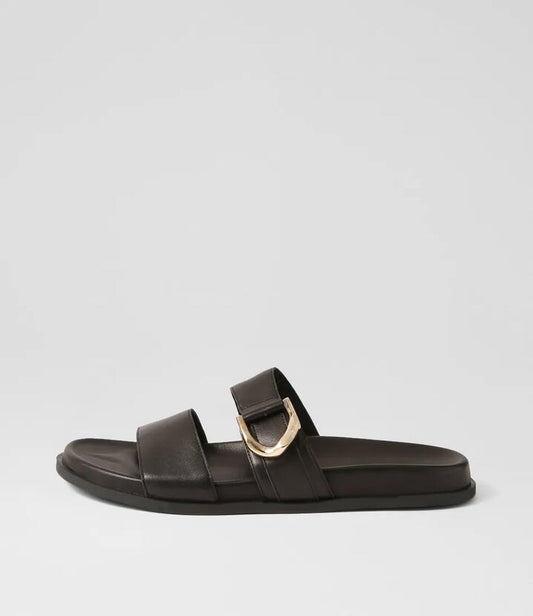 Image of Slippers. Productname: Valanse Black Leather Slides in BLACK colour by brand - MIDAS